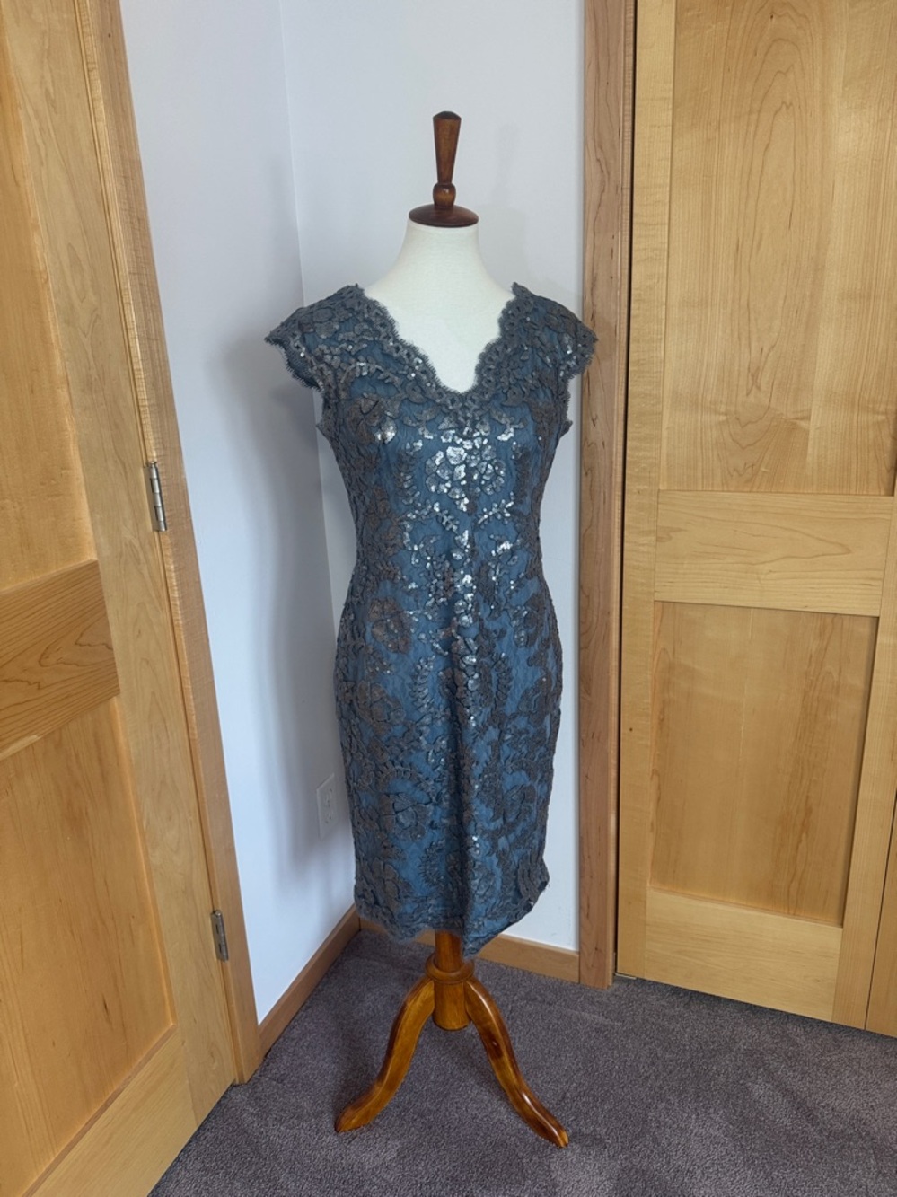 Tadashi Shoji Teal Sequin Lace V-Neck Midi Dress